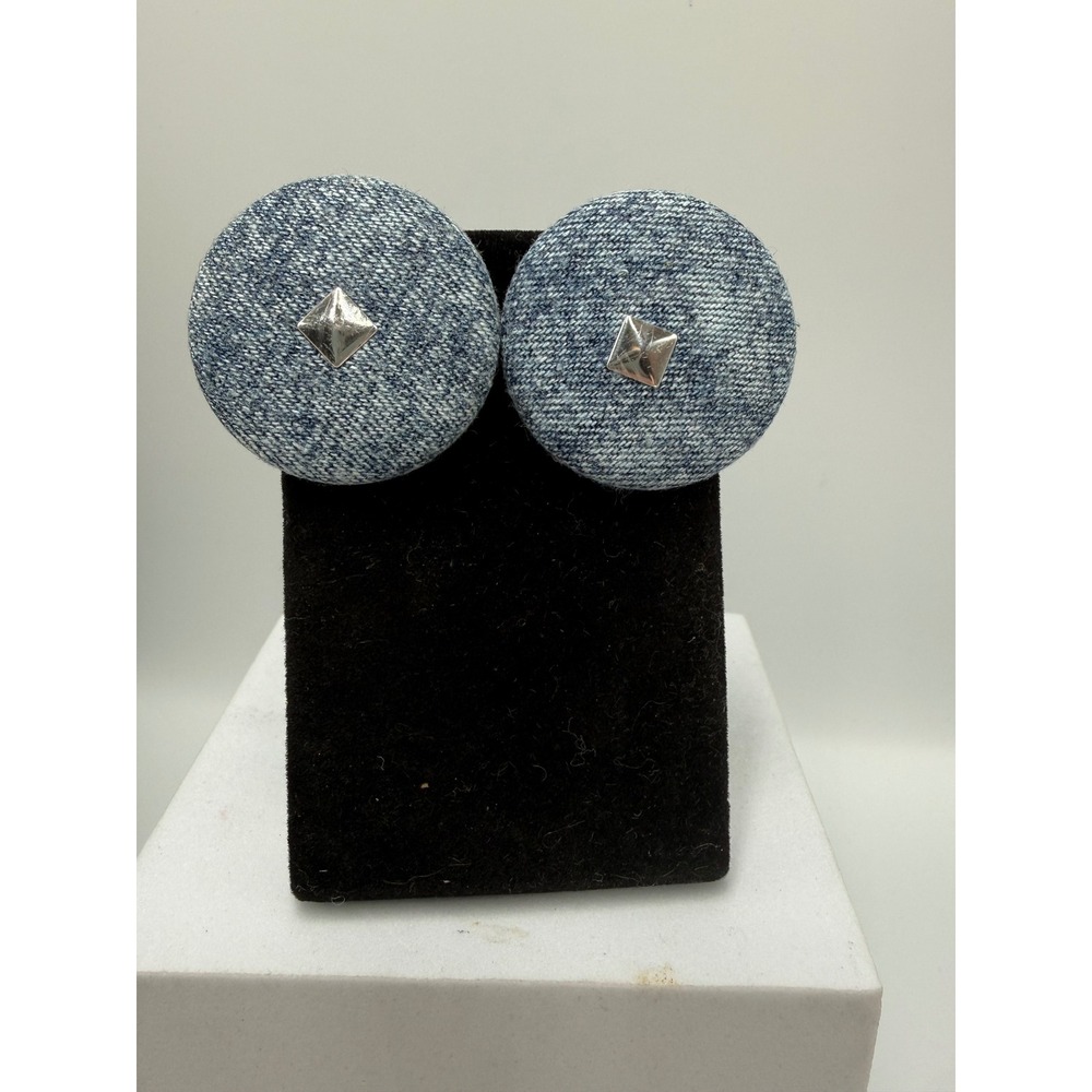 Vintage Denim Button Earrings Blue Fabric Studs with Silver‎ Pyramid Center 1.5"